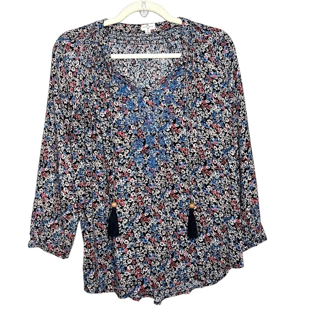 Mason & Belle Ditsy Floral Boho Embroidered Top with Tassels Size Medium